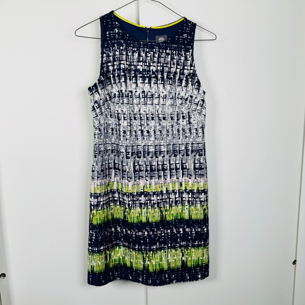 Vince Camuto Womens Blue Green Abstract Print Sleeveless Sheath Dress Size 8